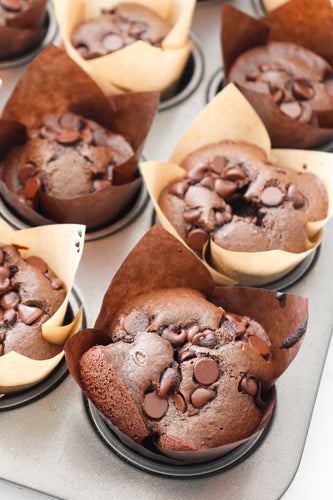 double chocolate chip muffins with chocolate chips melted on top in muffin pan