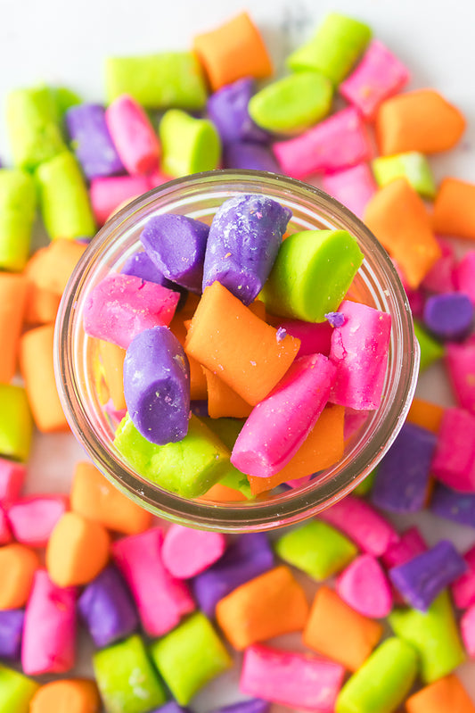 overhead close up shot of butter mint candy in mason jar